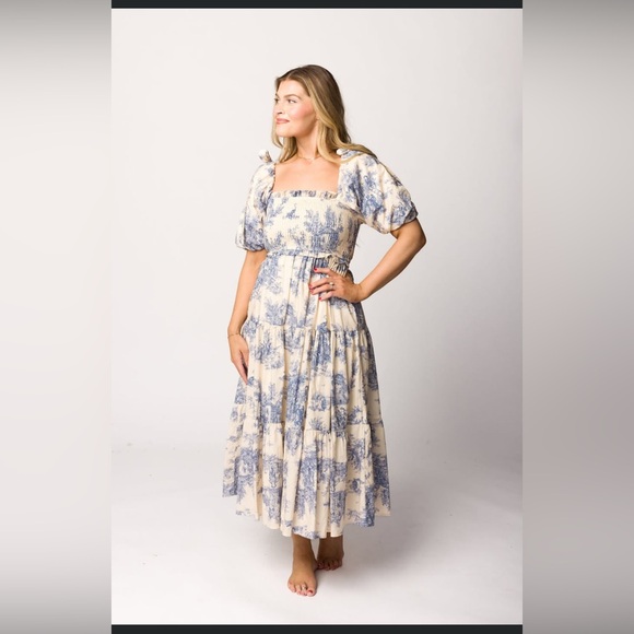 Chic Blue and Cream Midi Dress - Picture 2 of 4